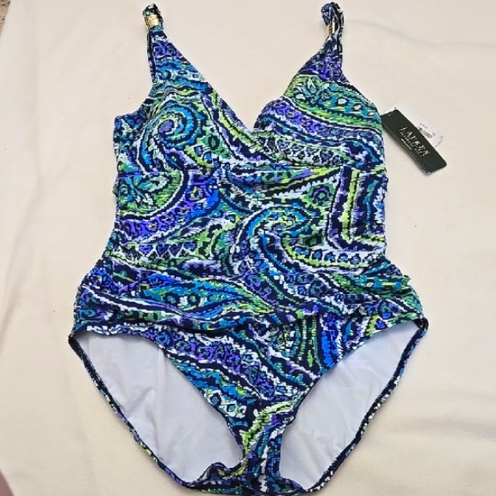 NWT Ralph Lauren One Piece Swimsuit - Blue, Green and Purple Paisley Size 14